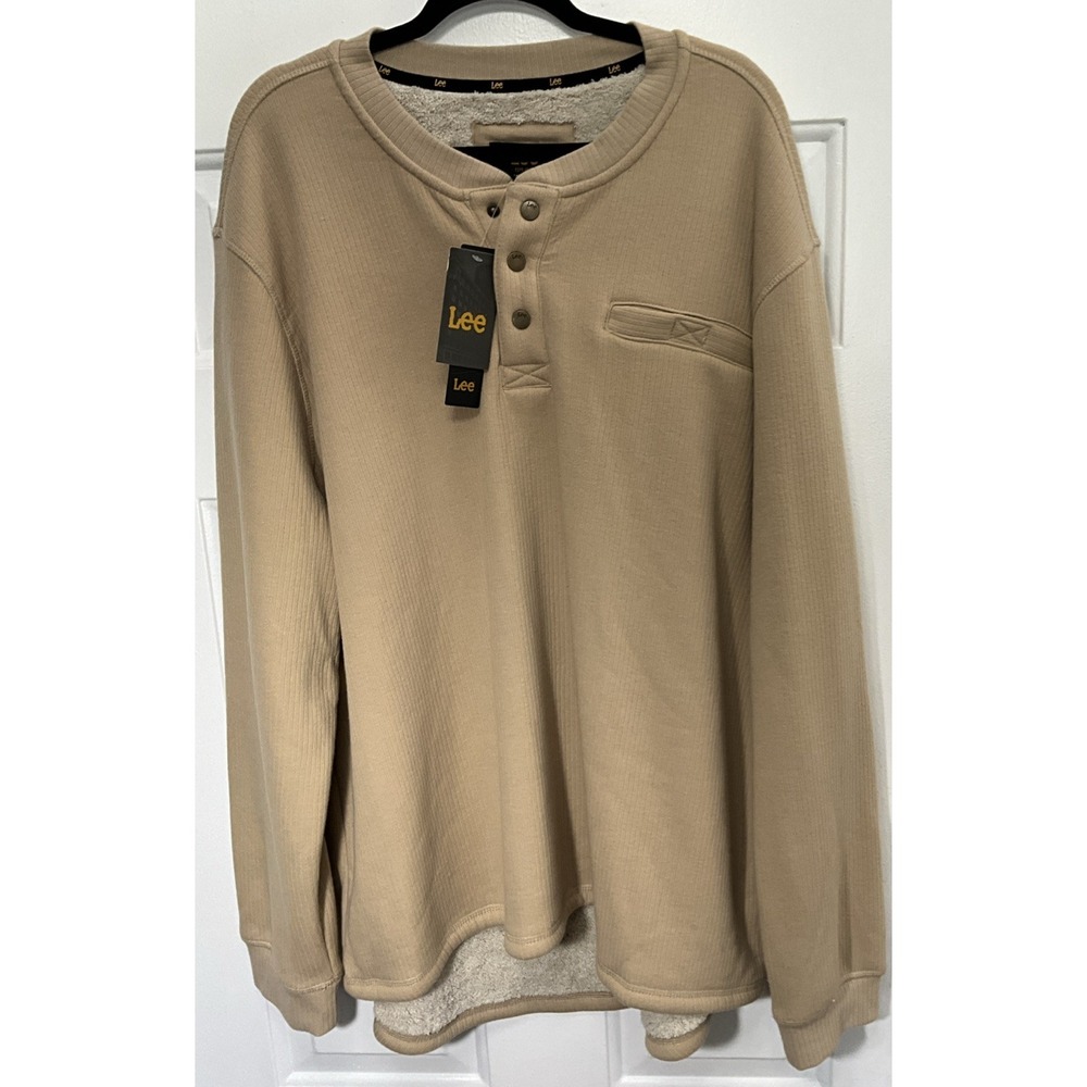 LEE Sherpa Lined Thermal Fleece Henley Long Sleeve Safari Tan Pullover Men's XXL